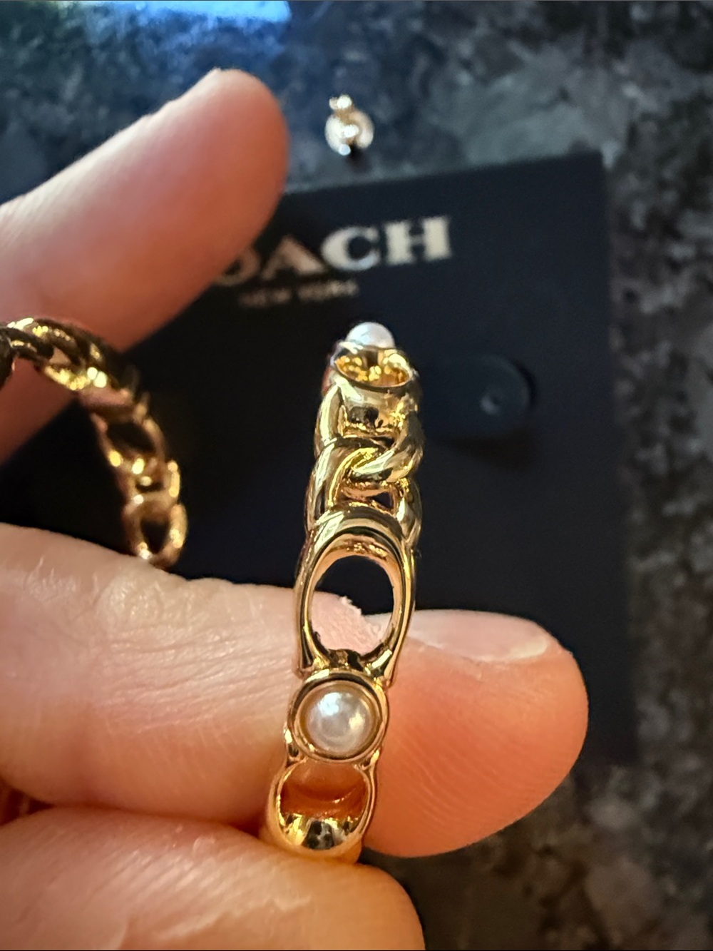 Coach Style Gold Braided Hoop with Pearl Style accent and “C” s Earrings - Picture 11 of 11